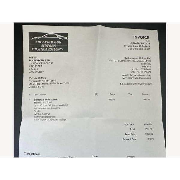 Ford B-max - 1.0 ZETEC 5d 100 BHP TIMING BELT KIT DONE @ 51,329
