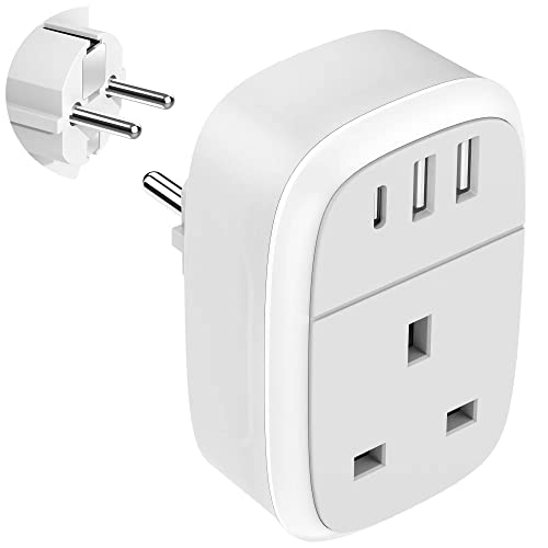 UK to EU Plug Adapter with 3 USB Ports (20W USB-C)