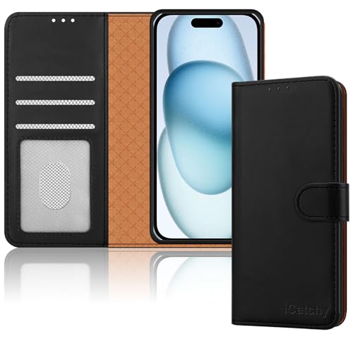 iCatchy Leather Wallet Case for iPhone 15 (6.1") - Black