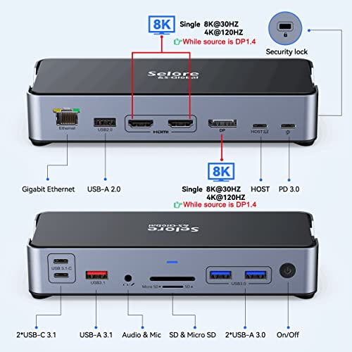 USB C Dock 15-in-1 Dual Monitor 8K/4K 100W PD Ethernet Dell HP