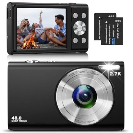 Digital Camera, 48MP 2.7K HD, 2.8" Screen, 16X Zoom, Black