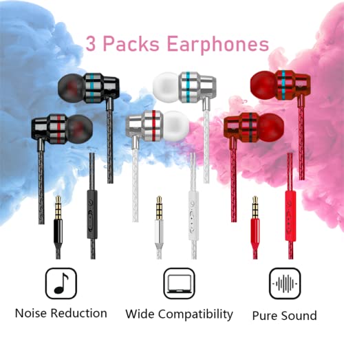 3 Pack Wired In-Ear Earphones with Mic, 3.5 mm, Noise Isolating