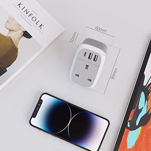 UK to EU Plug Adapter with 3 USB Ports (20W USB-C)