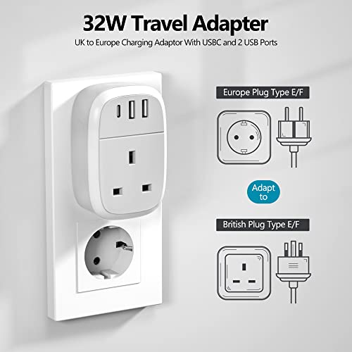 UK to EU Plug Adapter with 3 USB Ports (20W USB-C)