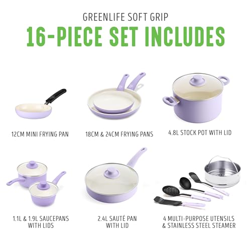 GreenLife Ceramic Nonstick 16-Piece Cookware Set, Lavender