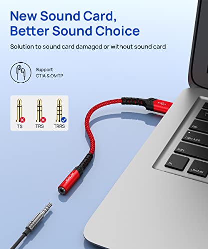 JSAUX USB to 3.5mm Audio Adapter, TRRS 4-pole Stereo - Red