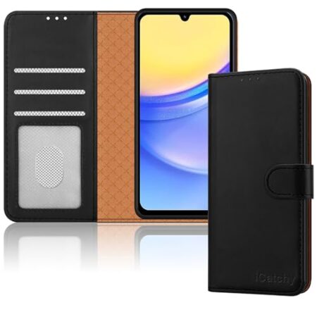 iCatchy Leather Wallet Case for Samsung Galaxy A15 (Black)