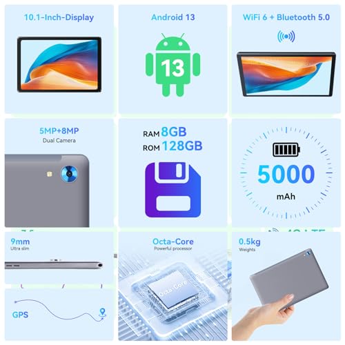 HiGrace 10" Tablet, 8GB+128GB, WiFi 6, Android 13, Gray