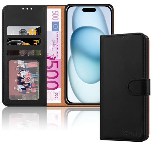 iCatchy Leather Wallet Case for iPhone 15 (6.1") - Black