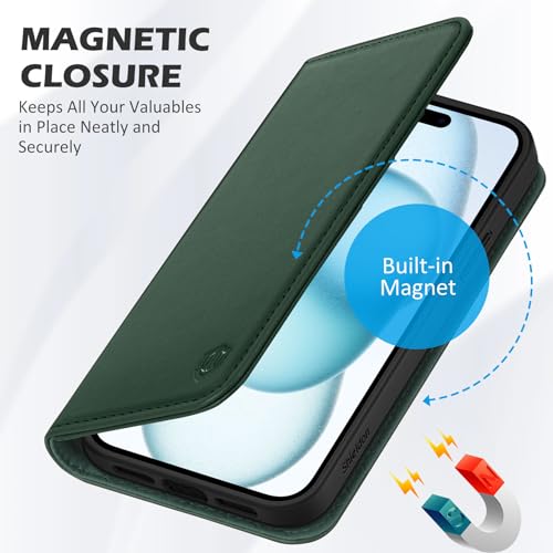 SHIELDON Leather Wallet Case for iPhone 15 - Evergreen