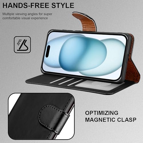iCatchy Leather Wallet Case for iPhone 15 (6.1") - Black