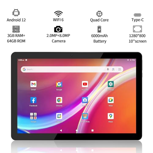 VASOUN 10" 64GB 5GHz WiFi Android Tablet, 1280x800 HD, 6000mAh