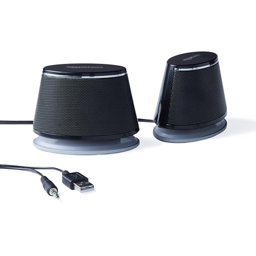 Amazon Basics Stereo 2.0 Speakers, 3.5mm Aux, USB, Black
