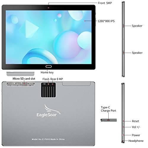 EagleSoar 10.1" Android Tablet 64GB, 512GB TF, Dual Camera