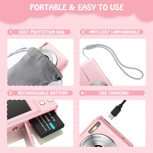 Digital Camera, 44MP, 2.4" LCD, 16X Zoom, Pink