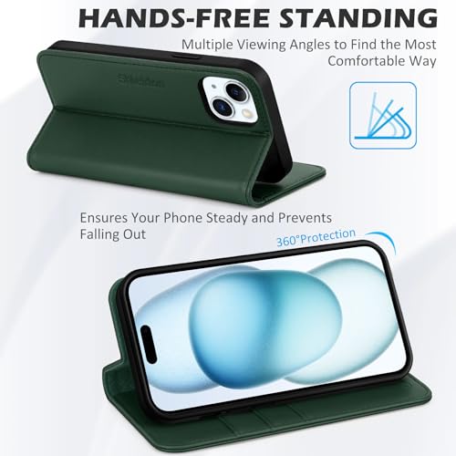 SHIELDON Leather Wallet Case for iPhone 15 - Evergreen