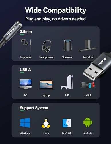 TECKNET USB to 3.5mm Audio Adapter for PC/PS5/PS4/Switch