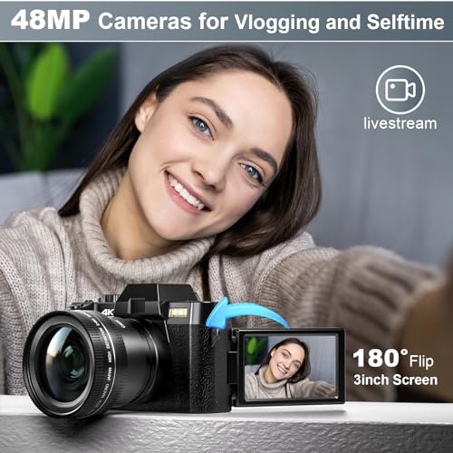 Monitech 4K 48MP Vlogging Camera, 180° Flip, 16X Zoom, Black