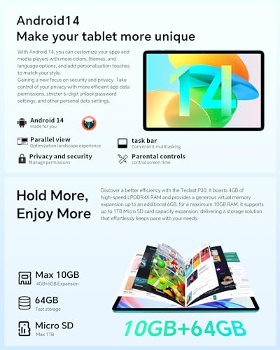 TECLAST P30 Tablet 10.1" Android 14, 10GB RAM, 64GB ROM
