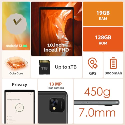 FLYCOAY 10" Android 13 Tablet, 5G, 19GB+128GB, 8000mAh, FHD