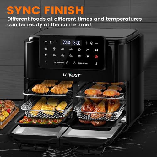 LLIVEKIT 12L Dual Air Fryer Oven, 5.5L Dual Cooking, Black