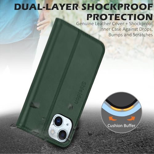SHIELDON Leather Wallet Case for iPhone 15 - Evergreen