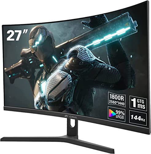 CRUA 27" Curved QHD 144Hz Gaming Monitor, 1ms, FreeSync