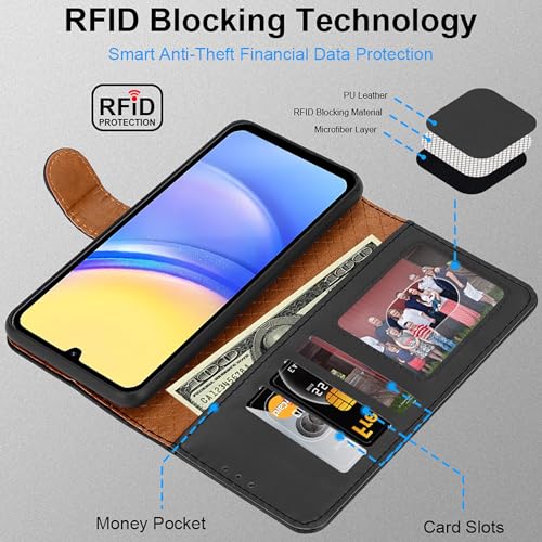 iCatchy Leather Wallet Case for Samsung Galaxy A15 (Black)