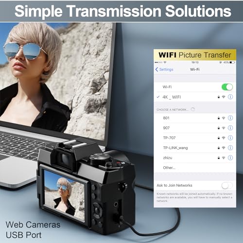 Monitech 4K 48MP Vlogging Camera, 180° Flip, 16X Zoom, Black