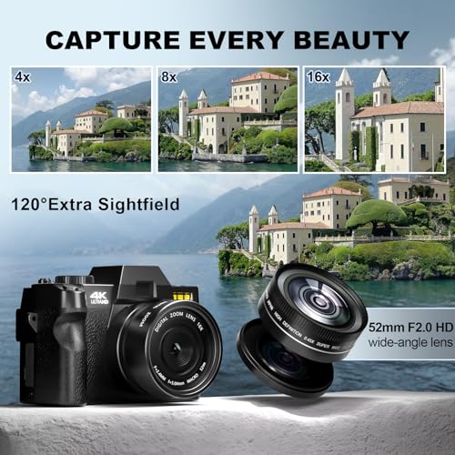 Monitech 4K 48MP Vlogging Camera, 180° Flip, 16X Zoom, Black