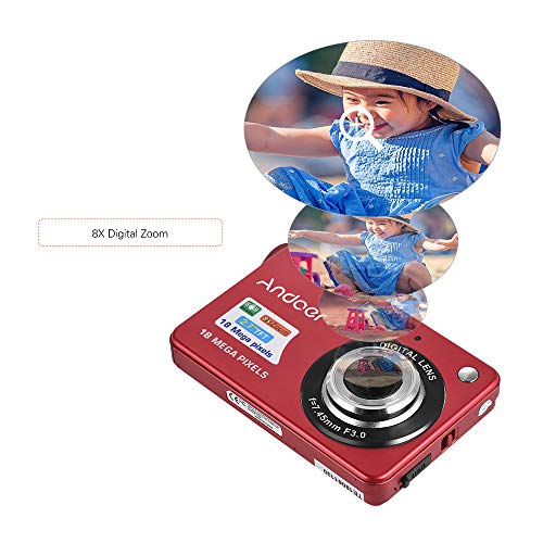 Andoer Digital Camera, 2.7cm LCD, 8X Zoom, 2 Batteries, Red