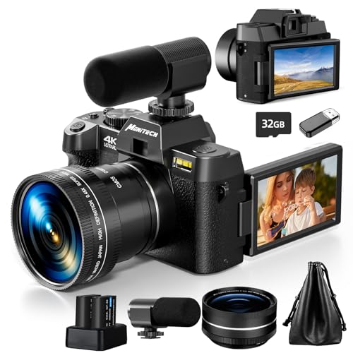 Monitech 4K 48MP Vlogging Camera, 180° Flip, 16X Zoom, Black