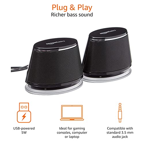 Amazon Basics Stereo 2.0 Speakers, 3.5mm Aux, USB, Black