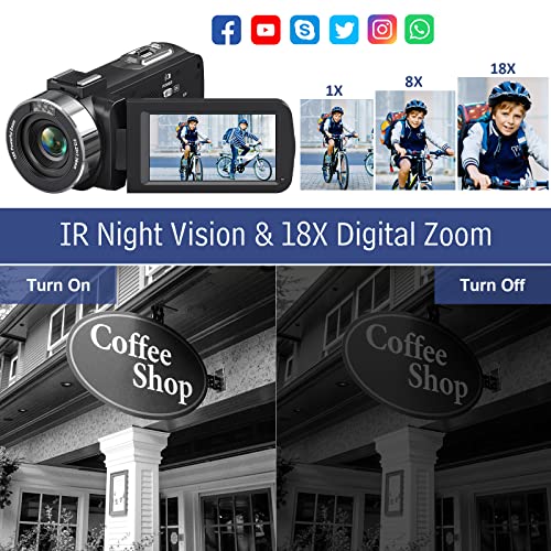 4K 48MP Video Camera with IR Night Vision, 18X Zoom, 32GB SD