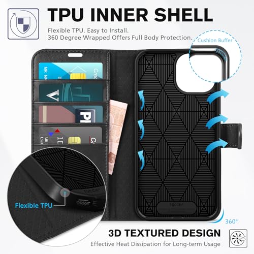 TUCCH PU Leather Wallet Case for iPhone 15 (15.5 cm), Black