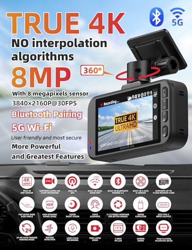 Miofive S1 Dash Cam, 4K UHD, Wi-Fi, GPS, 3" Screen, 140° Wide