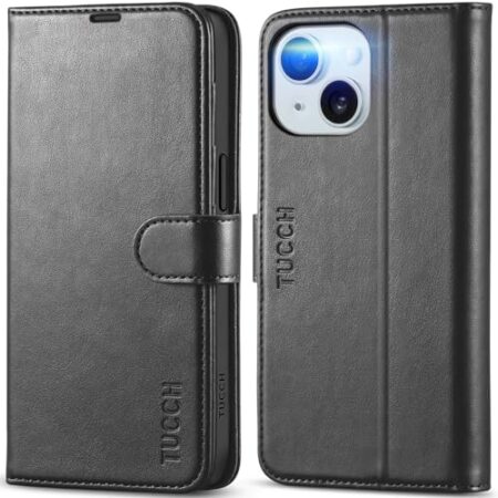 TUCCH PU Leather Wallet Case for iPhone 15 (15.5 cm), Black