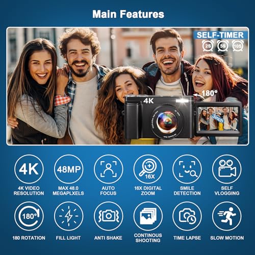 4K 48MP Vlogging Camera with 32GB Card, 6.9cm Flip Screen
