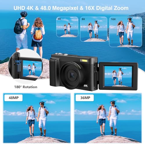 Jumobuis 4K 48MP Vlogging Camera with 32GB Card, Black