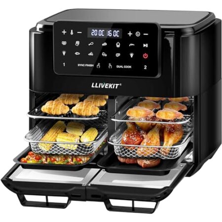 LLIVEKIT 12L Dual Air Fryer Oven, 5.5L Dual Cooking, Black