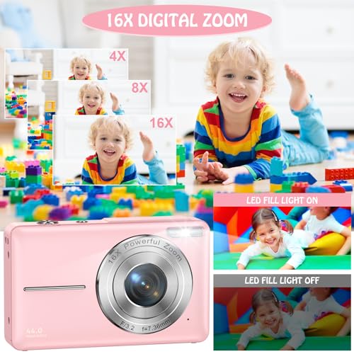 Digital Camera, 44MP, 2.4" LCD, 16X Zoom, Pink