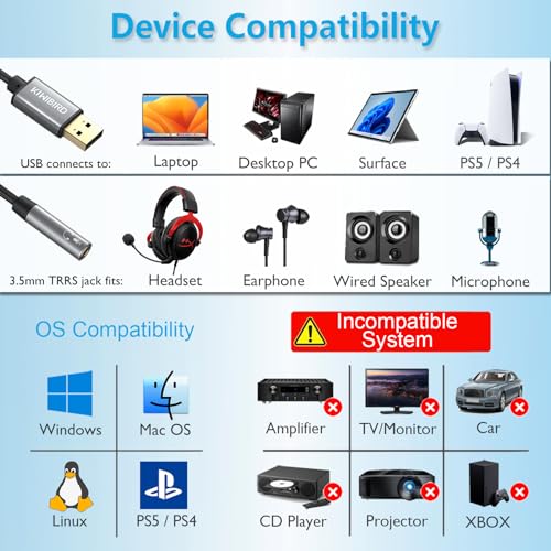KiWiBiRD USB to 3.5mm Audio Adapter, TRRS 4-pole DAC