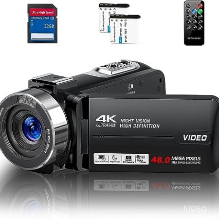 4K 48MP Video Camera with IR Night Vision, 18X Zoom, 32GB SD