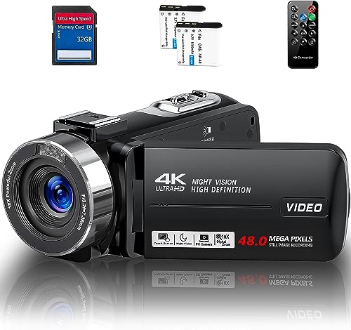 4K 48MP Video Camera with IR Night Vision, 18X Zoom, 32GB SD