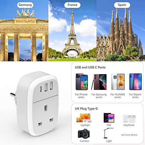 UK to EU Plug Adapter with 3 USB Ports (20W USB-C)
