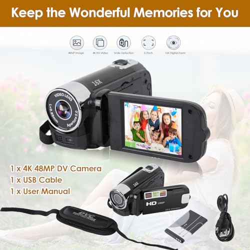 Vlogging Camera, 1080P HD, 16MP, 16X Zoom, 6.9cm Screen, Black