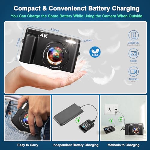 4K 48MP Vlogging Camera with 32GB Card, 6.9cm Flip Screen