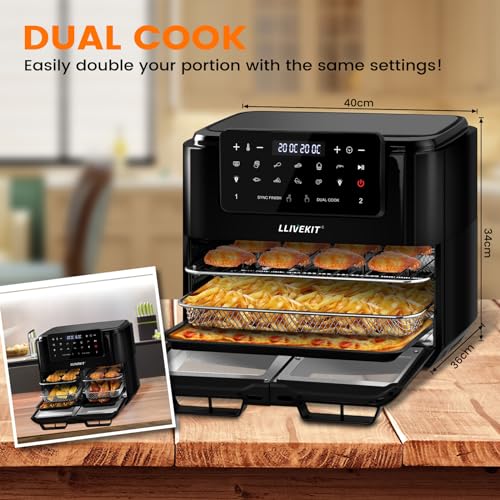 LLIVEKIT 12L Dual Air Fryer Oven, 5.5L Dual Cooking, Black