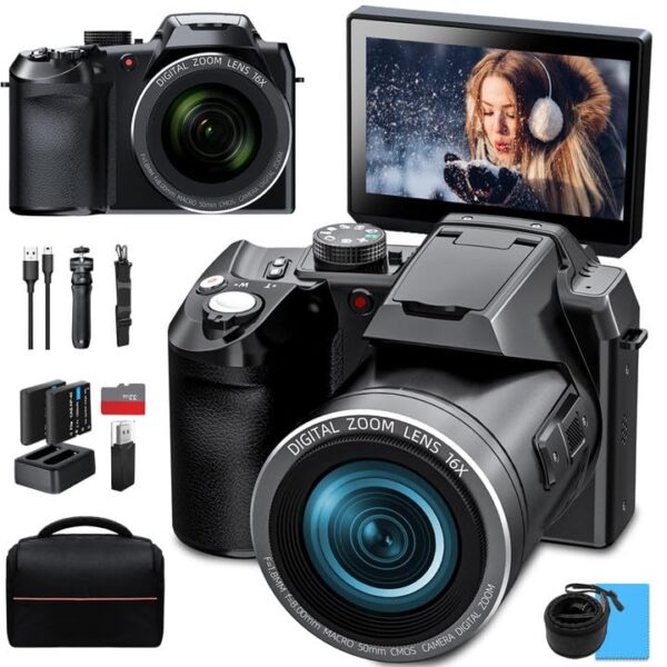 Monitech 64MP 4K Camera, 3" Flip Screen, 16X Zoom, WiFi, Black