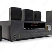 Black DVD receiver and home theater system with speakers and subwoofer. 3d illustration.